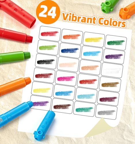 24 Colors Silky Twistable Crayons, Washable Crayons for Kids Ages 4-8, Non-Toxic, Quick-Dry Paint Sticks with Interlocking Caps for Creative Building, Works Great on Paper, Wood, Canvas - Image 2