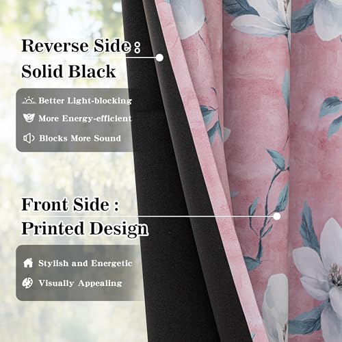 Image of MYSKY HOME Floor to Ceiling Floral Blackout Curtains 96 Inches Long 2 Panels Set for Girls Room - Black Out Thermal Insulated Energy Efficient Cute Spring Flower Printed Grommet, 52 inchW Each Panel, Pink