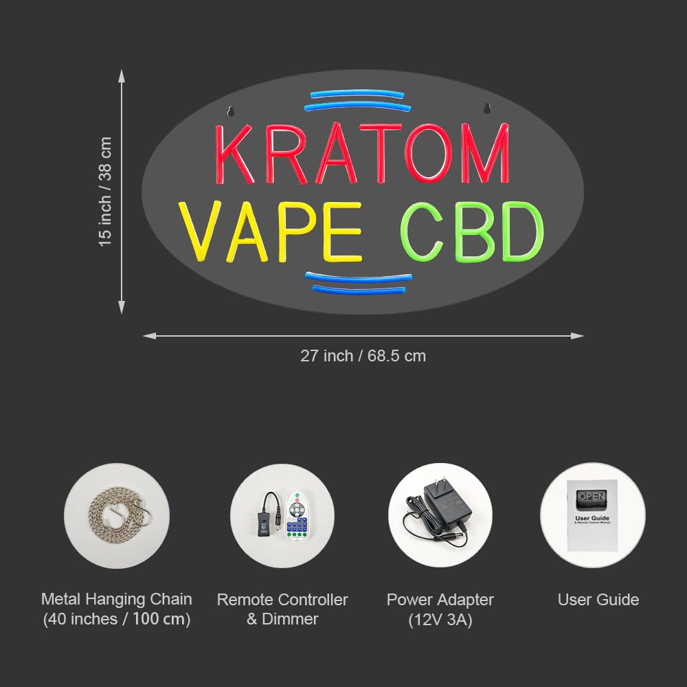 LED Kratom Vape CBD Sign, Business Sign for Tobacco Shop or Cigarette  Store, Animated Signs with Multiple Light Modes, Ideal for Displaying  Inside the Storefront Windows (27" x 15", Clear, Neon) :