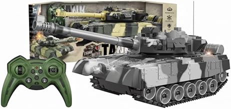 Waka Tienda RC Military Remote Control Tank 10 Channels, 2.4GHz with Sound and LED Lights - 360° Rotation, Rechargeable Battery, All-Terrain, Realistic, Toy for Kids +6 and Adults (Grey)