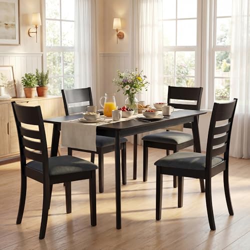 Image of COSTWAY Wooden Dining Chairs Set of 4, Solid Rubberwood Frame Kitchen Side Chairs w /Upholstered Padded Seat & High Slat Back, Mid-Century Modern Dining Chair for Dining Room Kitchen (Black)