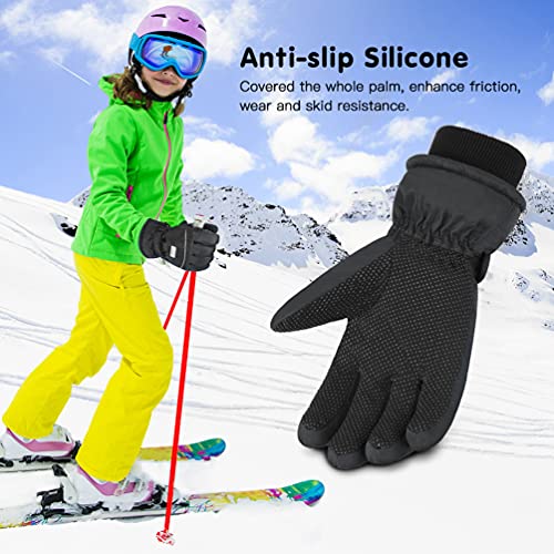 Kids Winter Gloves Snow Ski - Boys Girls Warm Waterproof Windproof Cold Weather Thermal Fleece Anti Slip Mittens With Grip For Skiing Snowboard Outdoor Sport Black Aged 6 - 8 Years #TOP3