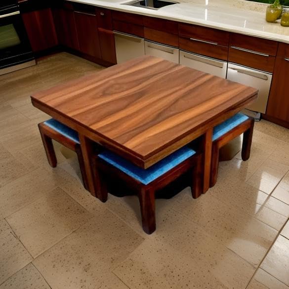 Image of Soild Sheesham Wood Coffee Table with 4 Stool || Coffee Table For Living Room || Wooden Center Coffee Table || Tea Table, Home Office Outdoor Garden Furniture ( Coffee Table 4 seater ) Honey Finish