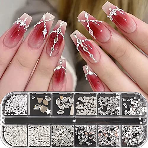 3D White Nail Rhinestones For Nail Art 12 Shape Crystal Flatback Rhinestones Nail Gems Nail Charms Jewelry Decor Nail Supplies Diy For Women Girls #TOP19