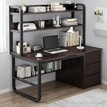 Home Office Desk with Cage Bookcase and 3 Drawers Industrial Style Workstation for Home and Office (47 Inches Black Walnut)