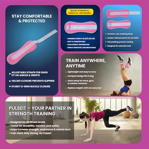 Image of PulseITWeightMax Adjustable Wrist & Ankle Weight Straps. Resistance Weight Bands with Secure Strap. Strength Training, Cardio, Rehab, Pilates & Physiotherapy- Unisex Fitness Gear Pink (2x1kg)