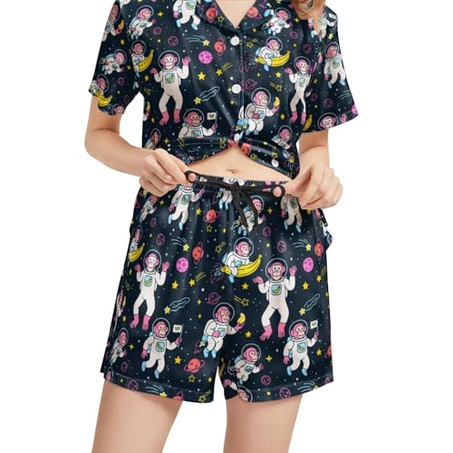 Image of Silk Satin Pajama Set for Women Summer Lounge Pjs Sets 2 Piece Suit Ladies Button Down Tops And Shorts Sleepwear