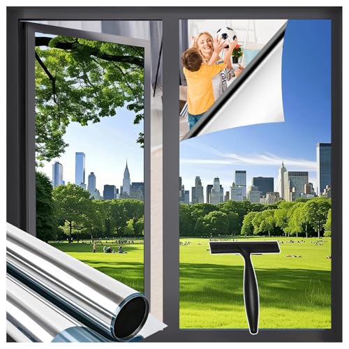 Zindoo One Way Window Film Privacy, Reflective Mirror Window Tint Film Clear for Glass Windows with Tools, Sun Blocker Anti Glare UV Window Film Self Adhesive for Home and Office, Silver, 40x200cm