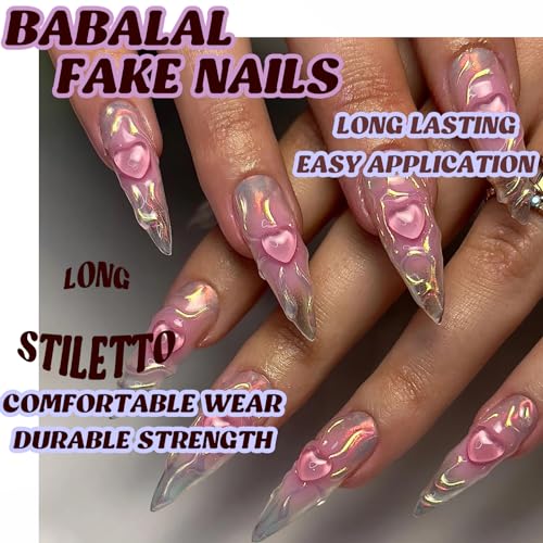 BABALAL Long Stiletto Press on False Nails Pink Fake Nails 3D Water Ripple Design Glue ons Heart Acrylic Nails 24Pcs Bling Almond Full Cover