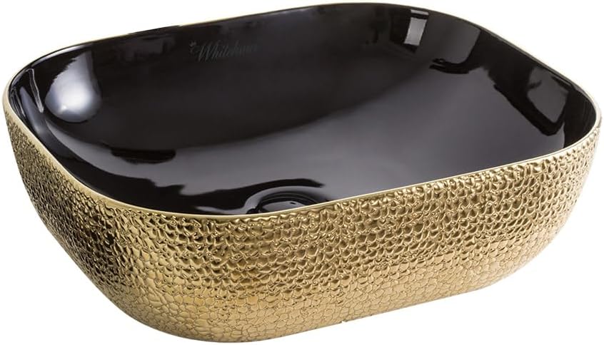Whitehaus Collection WH71333-F22 Isabella Plus Collection Rectangular Above Mount Basin with an Embossed Exterior, Smooth Interior, and Center Drain, 18"L x 12.5"W x 5.5"H, Black/Gold