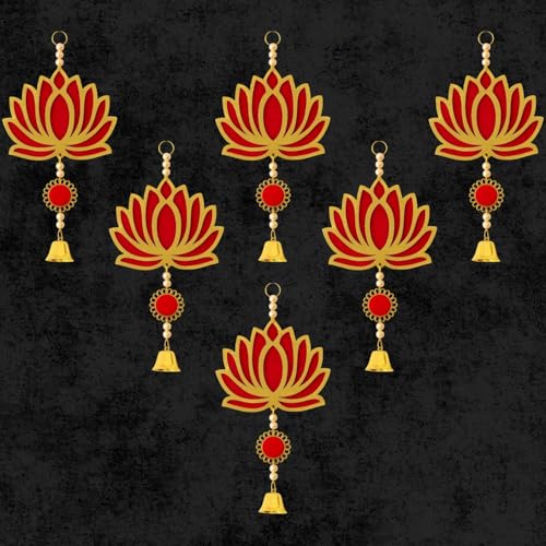 Image of ARLICORPING Wooden Lotus Wall Hanging for Festive Decoration - Diwali, Ganpati, Pooja Room, Mandir, Living Room, Door, Hall, Entrance, Spiritual Decor (Lotus + Bell-Red, Pack of 6)