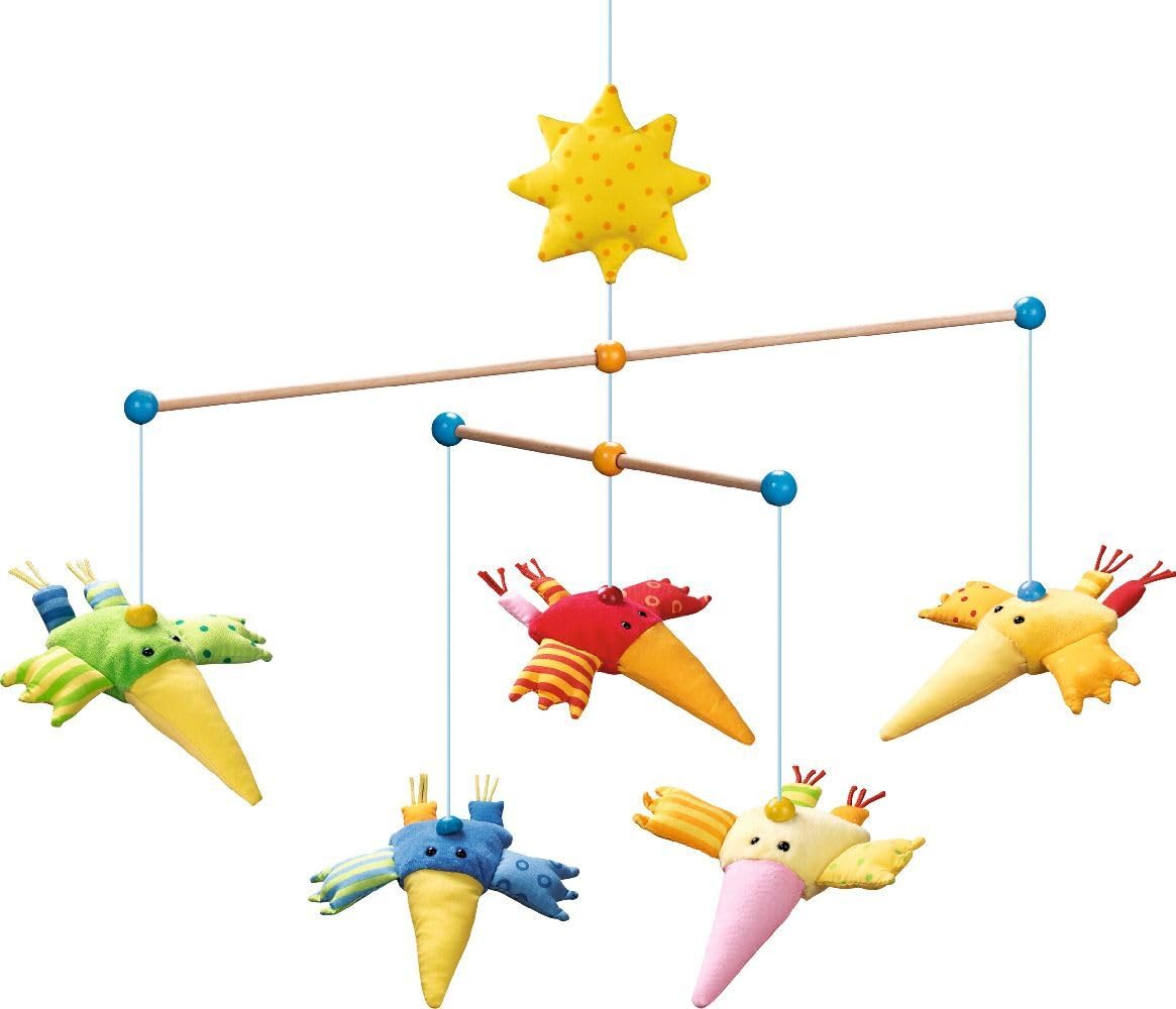HABA 1103 Mobile Zwitscherlinge, Baby-Mobile zum Aufhängen mit 5 abnehmbaren Vögeln aus Stoff und gelber Sonne, Baby-Spielzeug ab 6 Monaten