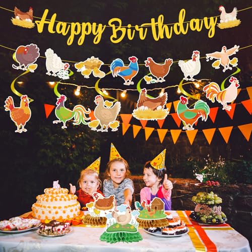 Image of Chicken Birthday Party Decorations, 11PCS Chicken Farm Birthday Party Supplies, Chick Theme Banners Hanging Swirls Honeycomb Centerpieces Decor
