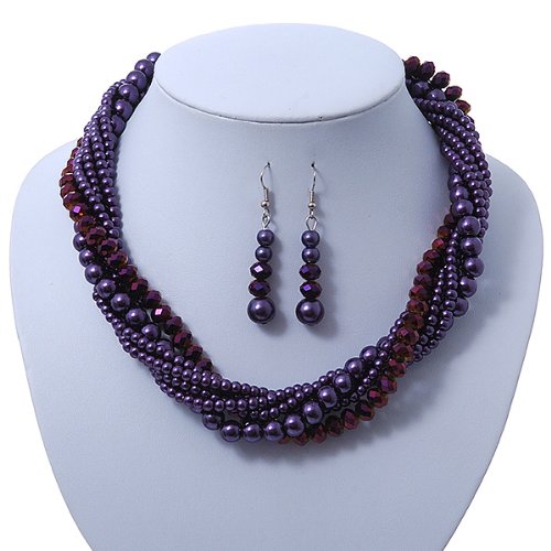 Collar de perlas de cristal imitación morado con pulsera y pendientes 34 cm 7