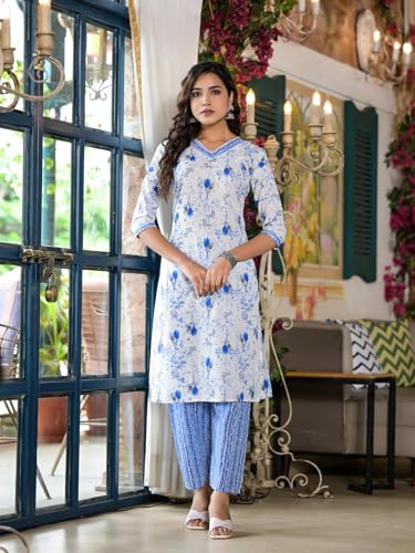 Image of Juniper Blue Floral Printed Cotton Kurta & Pant Set With Lace