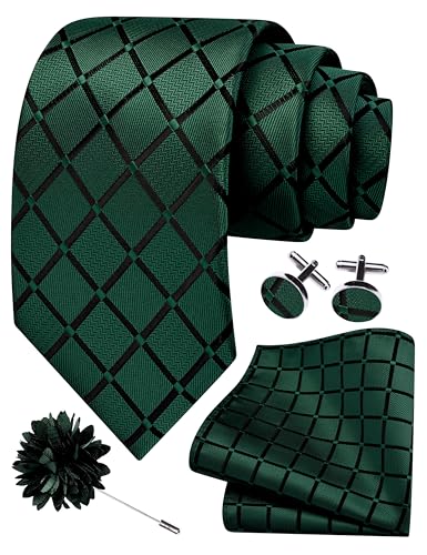 Image of GUSLESON 3.15 inch(8cm) Mens Tie and Lapel Pin Plaid Checkered Necktie Hankerchief Cufflinks Set for Men