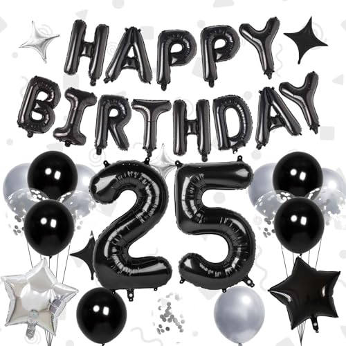 32 Inch 25 Balloon Numbers Happy Birthday Balloons Banner 16 Inch Foil Letters Balloon Silver and Black Star Balloons for 25th Birthday Decorations for Boys Black Party Decorations
