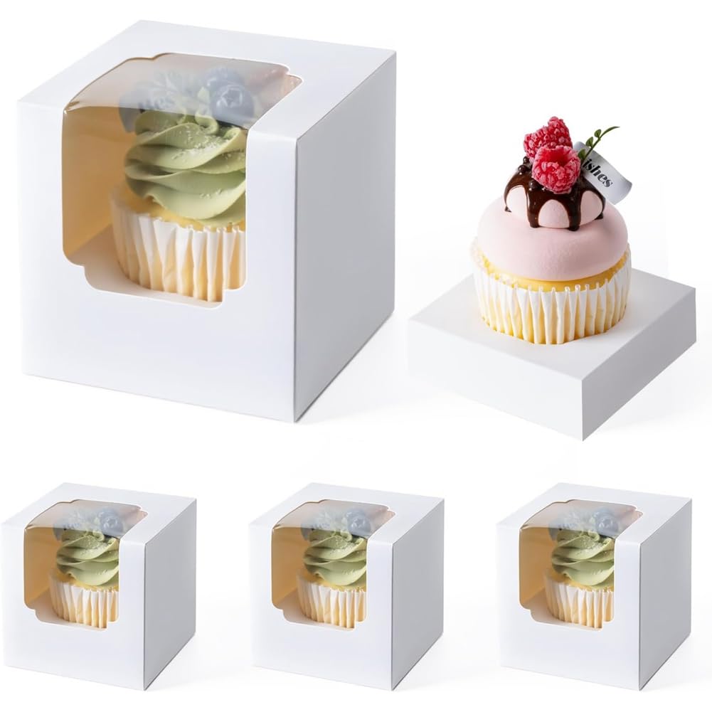 Hndhbfgrt 50PCS Cupcake Boxes with Window and Inserts, Individual For-for Birthday Container for Holiday Party and Bakery Supplies