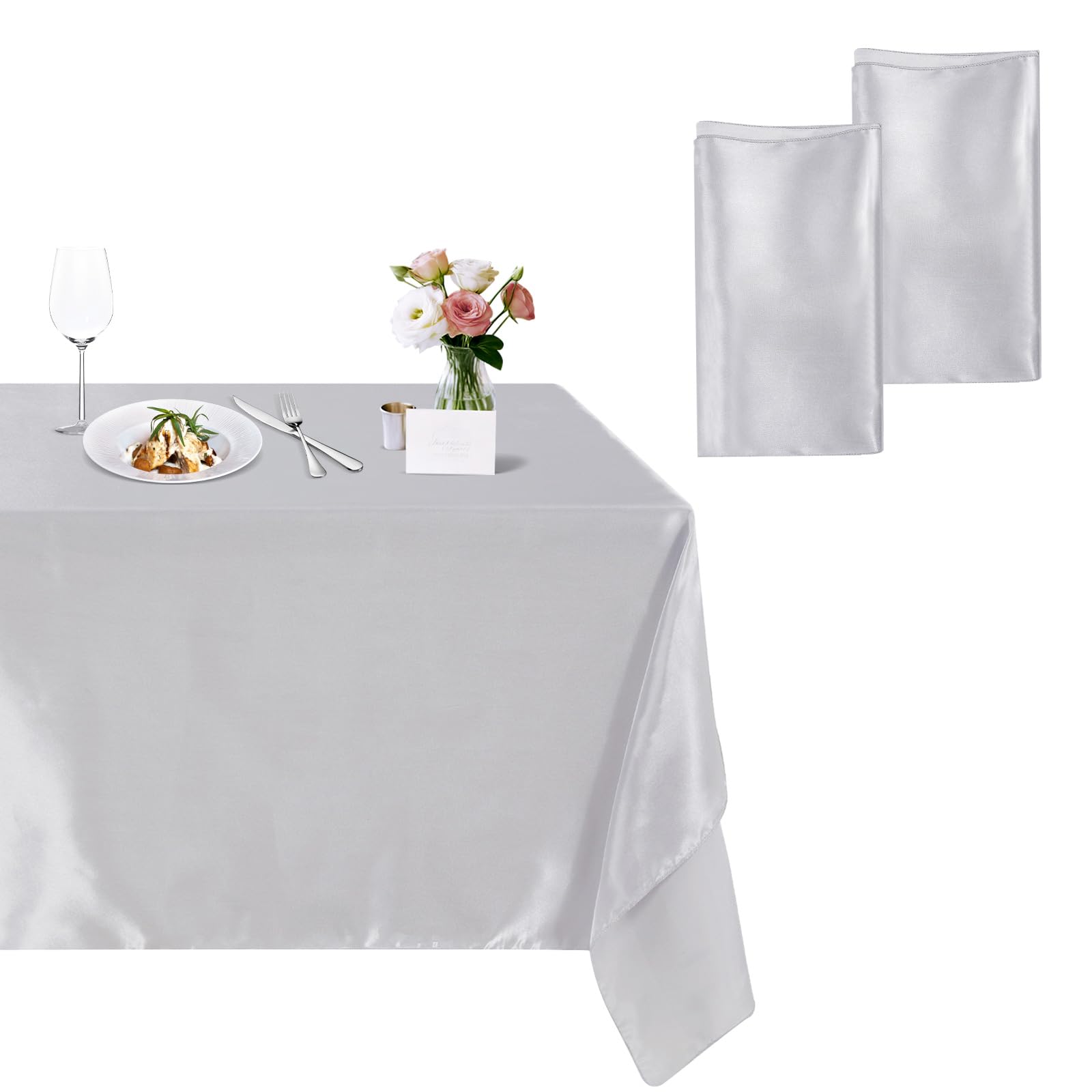 B-COOL Mantel de satén plateado: mantel de seda brillante para fiesta de boda, paquete de 2 paquetes de 59 x 120 pulgadas, rectangular, para mesa de Pascua, para vacaciones, bodas, fiestas, eventos