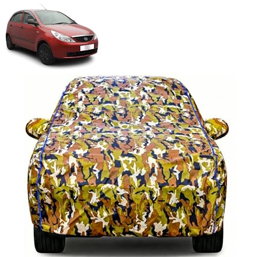 Image of Waterproof Car Body Cover for TATA Indica Vista with Mirror Pocket| Cotton Inner Lining | Triple Stitched | All Weather Protection | Dust, UV & Rain Proof (Camouflage with Blue Piping)