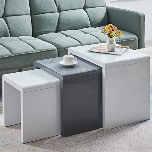 AINPECCA Tables gigognes haute brillance avec plateau en verre trempé, 3 pièces (blanc et gris) Cover