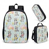 Mochila Raccoon Party 43 cm, conjunto de 3 peças, estampa de desenho animado, mochila de viagem com lancheira e estojo para caneta, 04, Large, Mochila estampada