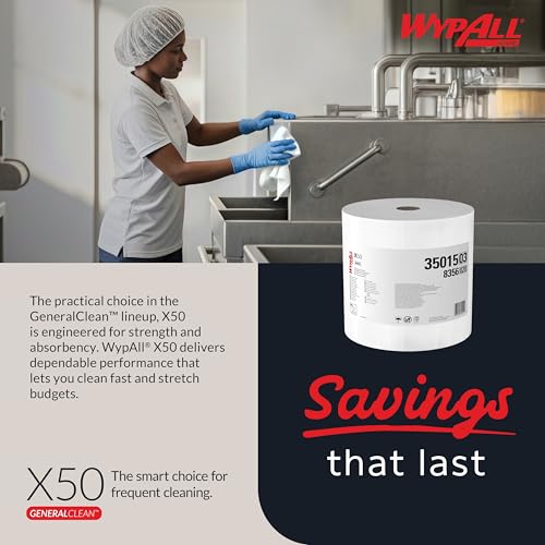 Image of WypAll GeneralClean X50 Cloths Cleaning Wipes (35015), Jumbo, Strong Towels for Extended Use, White (1 Roll of 1,100 Sheets, 1,100 Sheet Total)
