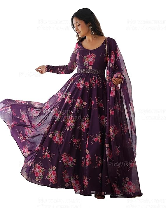 aaitaliya Elegant Women’s Purple Floral Printed Anarkali Gown with Waist Belt & Dupatta | Long Ethnic Dress for Wedding, Festival-picture-37