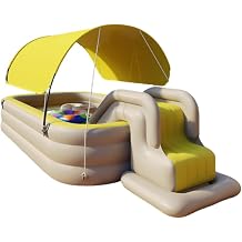Large Foldable Automatic Inflating Kids Air Pool with Slide & Roof Thick PVC Vinyl Heavy Duty Built-in Electric Air Pump Indoor Outdoor Home Large Capacity Summer Water Play Area Yellow, 3m