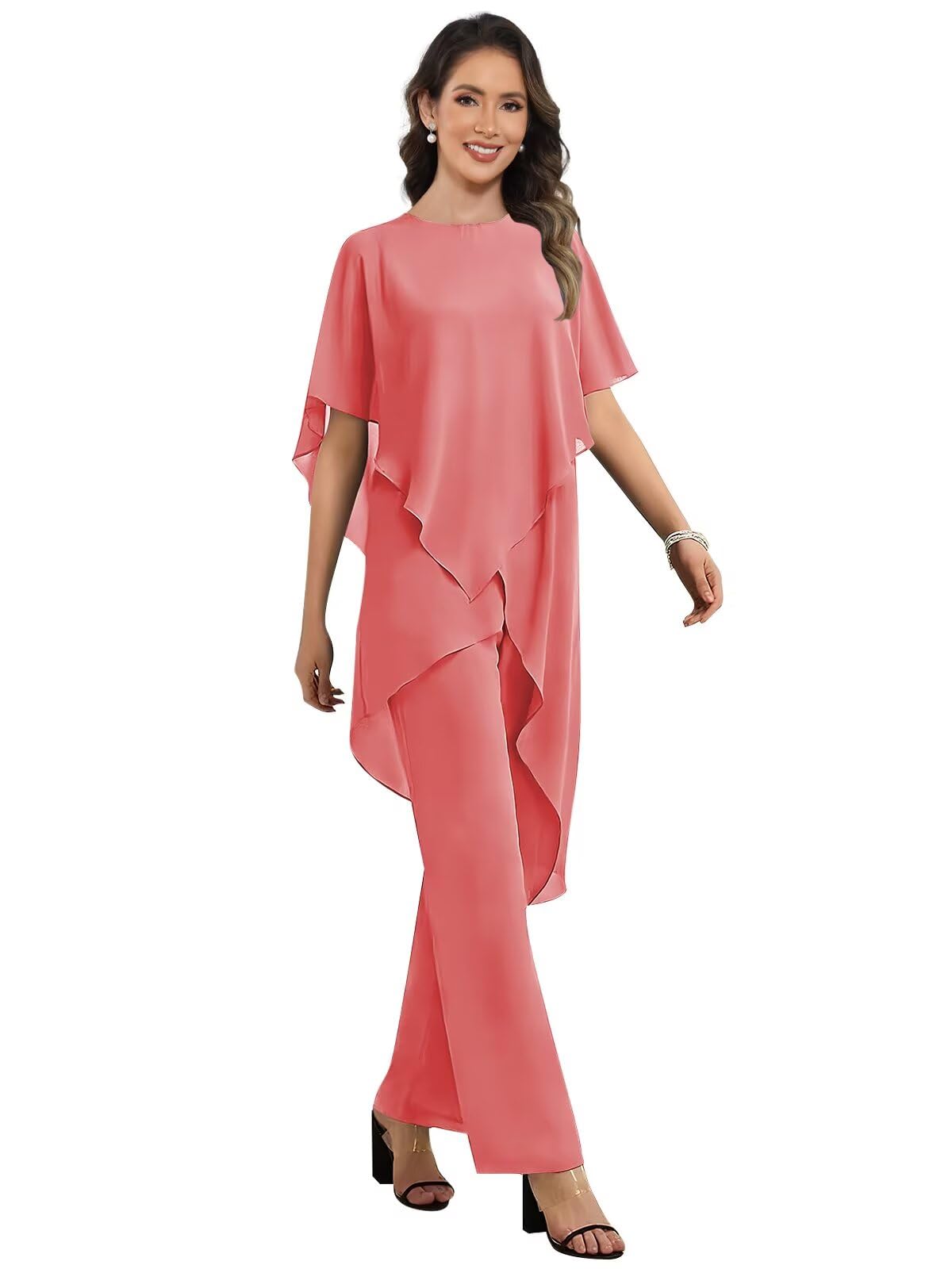 2 Pieces Mother of The Bride Pant Suits for Wedding Ruffle Chiffon Women Pantsuit Long Formal Outfit Sets