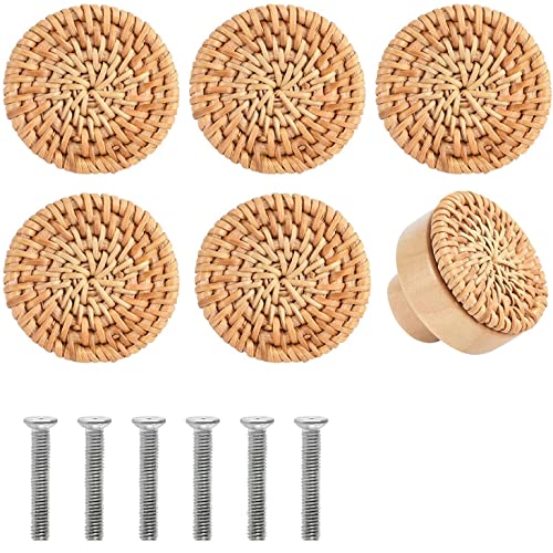 WANGCL 6pcs Rattan Dresser Knobs Handmade Wicker Woven Cabinet Knobs Dresser Handles Drawer Hardware Pulls (Natural )