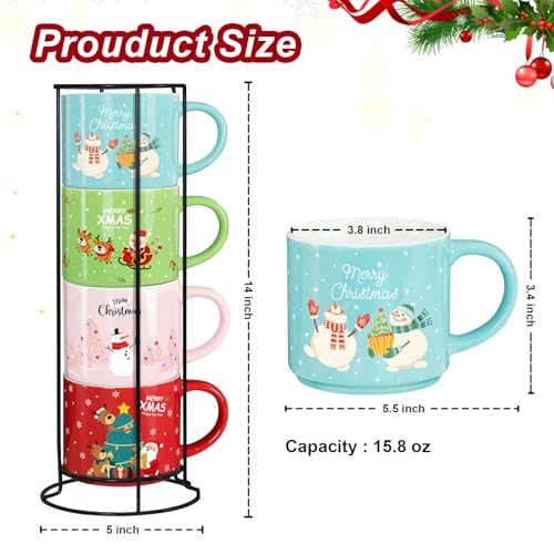Image of Set of 4 Stackable Christmas Mugs, 15.8 Oz Coffee Mug With Stand, Holiday Hot Cocoa Mugs for Mom Family Colleagues Friend & Farmhouse Cocoa Tray Decor