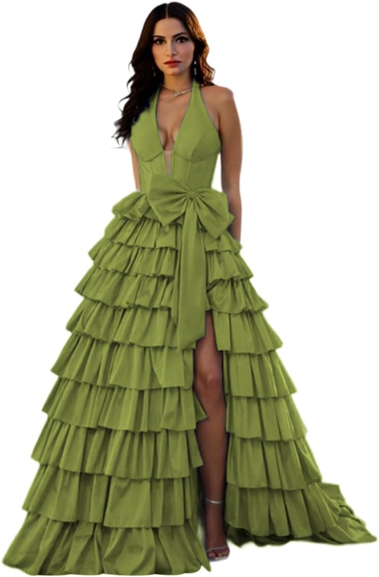Women’s V Neck Cascading Ruffles Prom Dress with Bow Backless A Line Side Split Taffeta Long Evening Gown