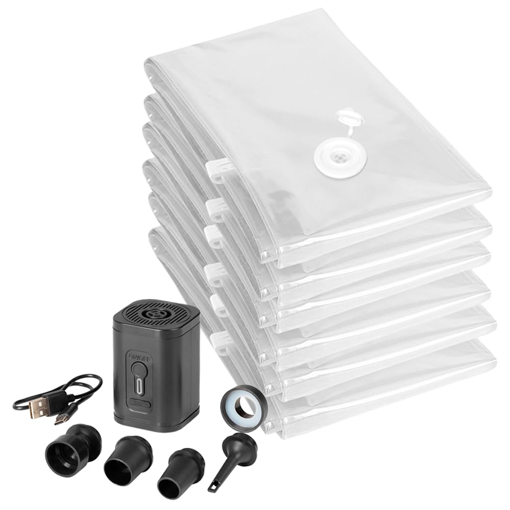 Compactor Koffer Organizer Set mit wiederaufladbarer elektrischer Pumpe und 6 Vakuumbeuteln 40 x 60 cm, Organizer Koffer mit Kompression für Kleidung und Zubehör