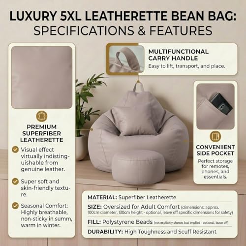 Image of KAM'S LIEU 6XL Jumbo Premium Bean Bag Chair with Footrest & Cushion | Filled with High Density EPS Beans | Comfortable Sofa for Living Room & Bedroom | 6 Months Warranty, Color- (Beige, 6XL, Premium)