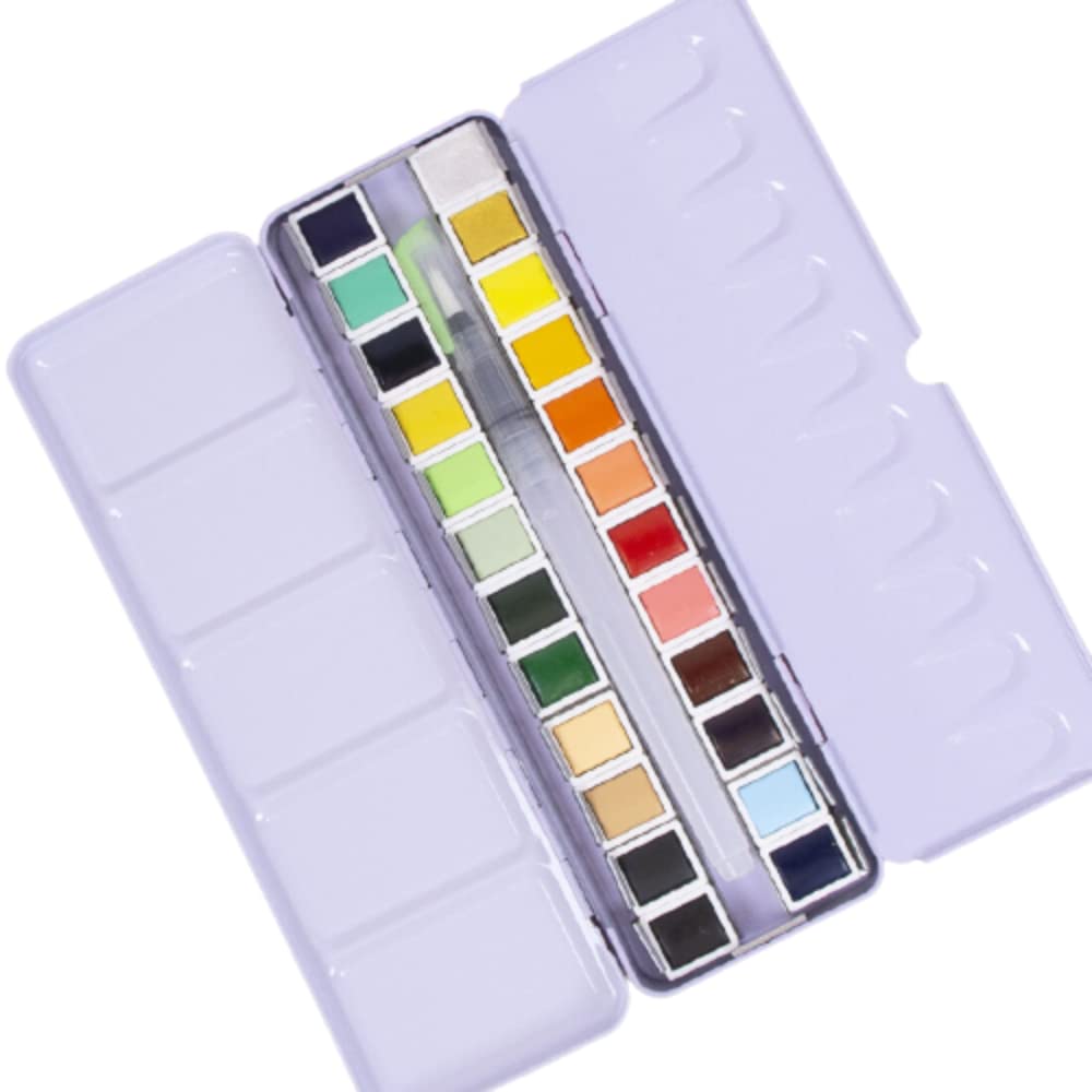 Craftelier - Caja de Pastillas de Acuarelas con Surtido de 24 Colores + Pincel con Depósito de Agua o Waterbrush para Caligrafía, Lettering o Mixed Media y otras Manualidades | Alta Pigmentación