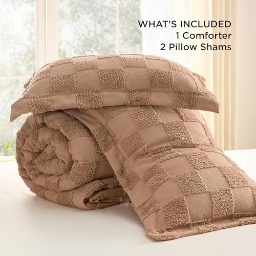 Image of Bedsure Terracotta Queen Size Comforter Set, Boho Tufted Bed Set, Checkered Farmhouse-Style Distressed Vintage Bedding, 3 Pieces, 1 Plaid Geometric Comforter and 2 Pillow Shams