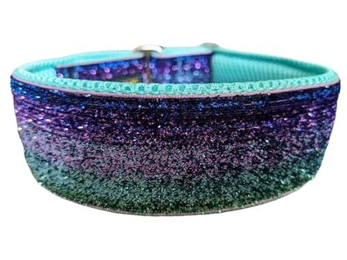 Glitzer Hundehalsband Zugstopp extra breit 4cm, weiche Polsterung, Ombre blau türkis, verstellbar Martingale, Party-Halsband Stoffhalsband (bis 44cm Hals- 50cm Kopfumfang inkl 6cm Zugstopp)