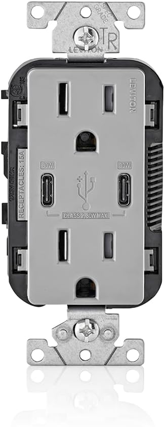 Leviton 30W (6A) USB Dual Type-C/C Power Delivery In-Wall Charger with 15A Tamper-Resistant Outlet, USB Charger for Smartphones, Tablets, Laptops, T5635-G, Gray