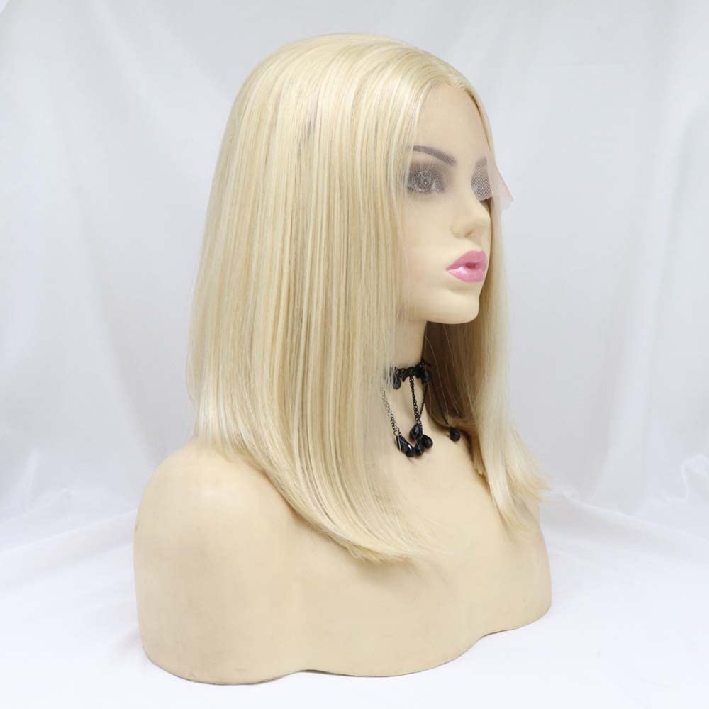 Xiweiya Wigs Straight Short Bob Wig Mixed Blonde Hair Synthetic Lace Front Wig with Middle Part Heat Resistant Fiber Hair for Women,Drag Queen Family Makeup Party Wear 14" Inches - Image 3