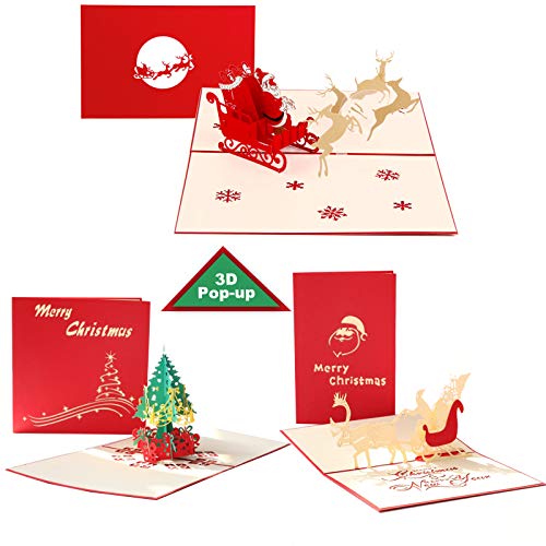 RSVOM Kerstkaarten Pack, 3D Pop up Vrolijke Kerstkaarten met Enveloppen Kerstman Boom Rendier voor Vrienden, Laser Cut Grappige Kerstmis Pop up Kaarten Gift Wenskaart voor Kerstmis Nieuwjaar
