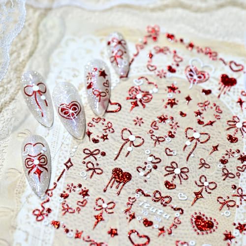 Image of 5D Embossed Valentines Nail Stickers Red Nail Art Stickers Heart Bow Glitter Shiny Design Nails Decals Self Adhesive for Women Manicure DIY Decoration Nails Art Supplies