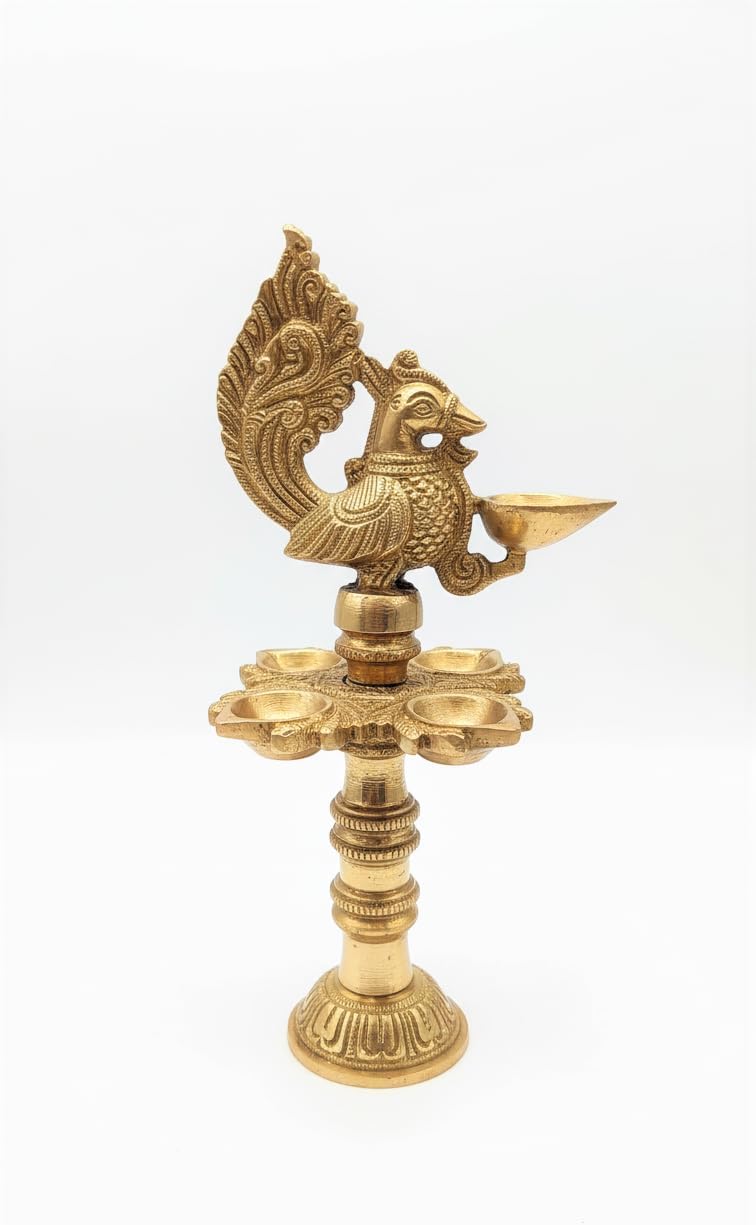 Handmade Brass Peacock Panch Mukhi Diya - 5 Oil Wick Traditional Deepak Lamp for Home Decor, Puja, & Diwali Gifting.