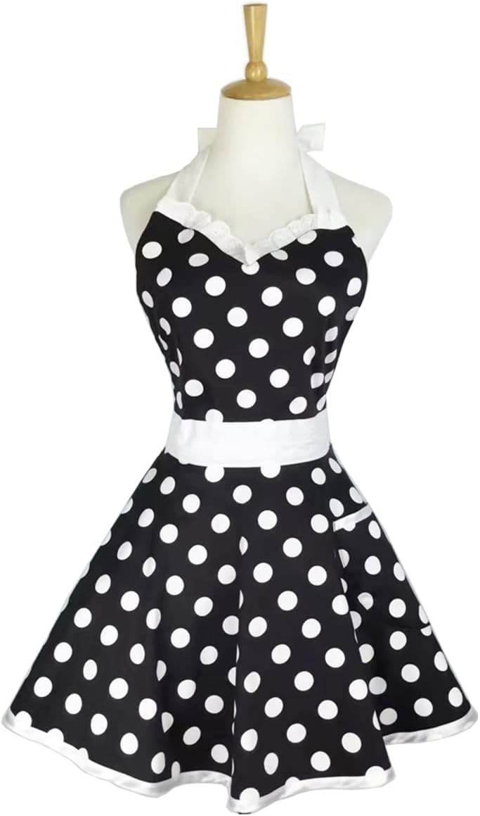 Hyzrz Lovely Sweetheart Retro Kitchen Aprons Woman Girl Cotton Polka Dot Cooking Salon Dress Pinafore Vintage Apron Mothers Gift (Black) - Image 3