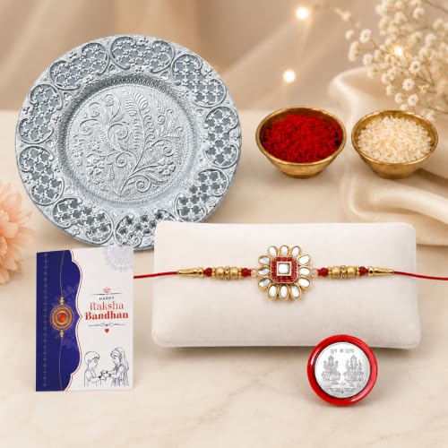 Image of Oblivion Rakhi Set for Brother - Designer Meenakari Rakhi for Brother with Silver Colour Pooja Thali, Pooja Coin, Roli Chawal & Card | Gift Hamper for Raksha Bandhan