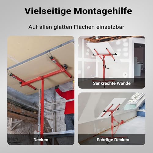 Foto von Wiltec XXL Plattenheber bis max. 68 kg, Höhe 140-350 cm, max. Breite 2,90 m, Trockenbau Montagehilfe 1-Mann-Bedienung, 3 Räder mit Feststellbremse, rot