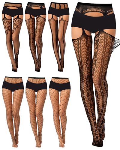 Geyoga 6 Pairs Women Fishnet Stockings Thigh High Garter Suspender Pantyhose Lingerie Gift