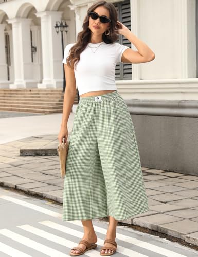Image of TARSE Women Wide Leg Capri Pants Loose Gingham Plaid Culottes Summer Elastic Waist Palazzo Trousers Bottoms with Pockets