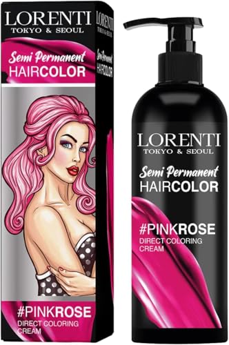 Lorenti Crema semipermanente de coloración directa | Resultado de color de cabello de larga duración | Rosa rosa, 250 ml