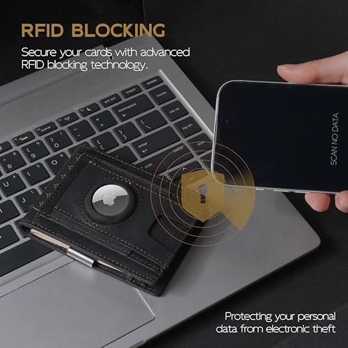 AirTag Wallet for Men, Genuine Full Grain Cow Leather Wallet with Air Tag Holder, Slim, Smart, Minimalist, RFID Blocking, ID Window, Leather Airtag Money Clip Wallet3